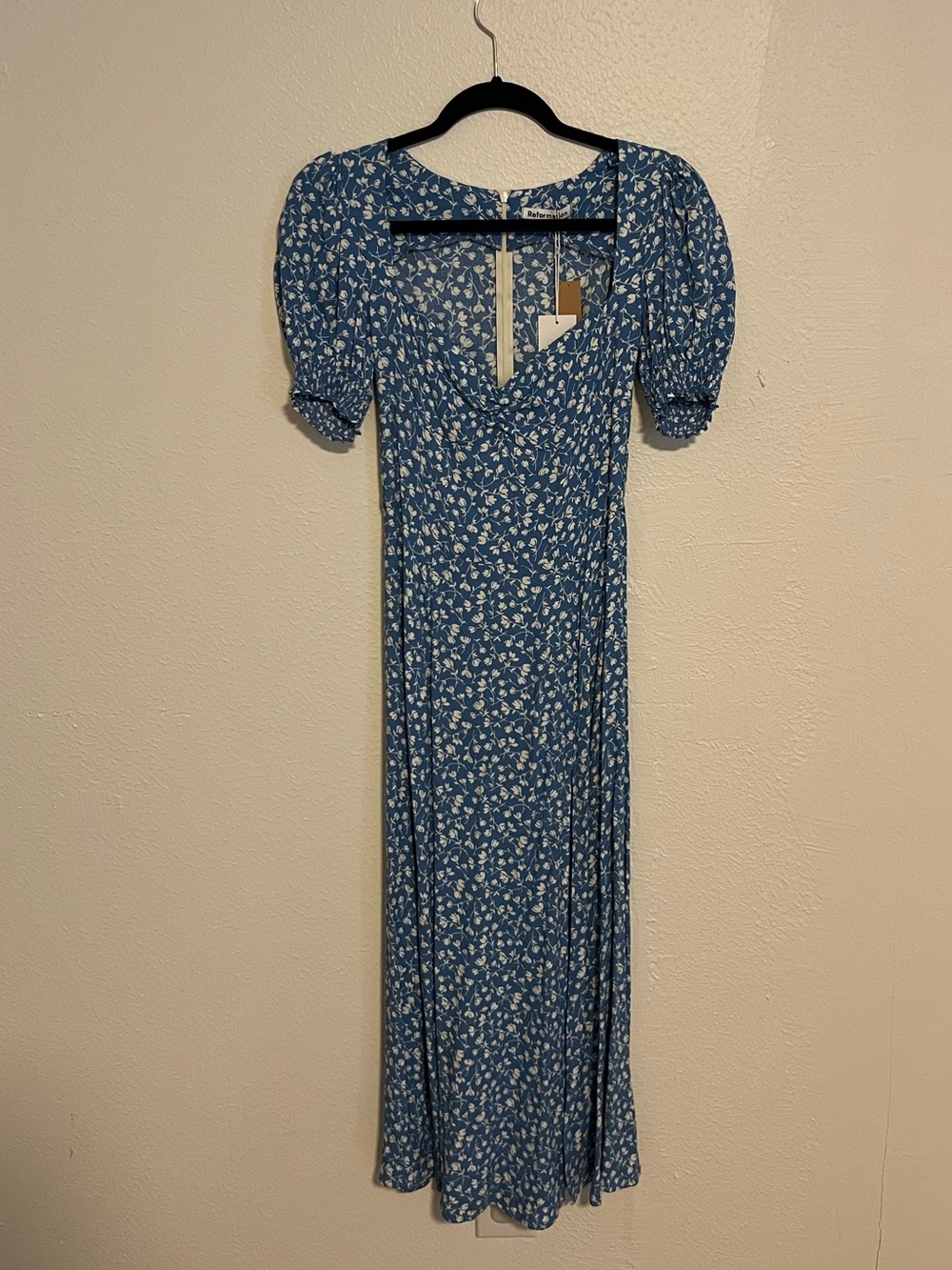 Reformation Blue Floral Puff-Sleeve Dress
